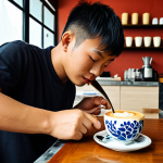 A visually appealing coffee shop scene in Vietnam. A young, confident Vietnamese barista is expertly pouring latte art (perhaps a lotus flower or a pattern incorporating Vietnamese motifs) into a cup. The cafe setting should be modern with traditional Vietnamese elements. The atmosphere is warm and inviting.