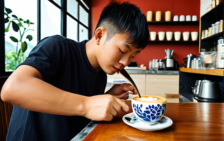 A visually appealing coffee shop scene in Vietnam. A young, confident Vietnamese barista is expertly pouring latte art (perhaps a lotus flower or a pattern incorporating Vietnamese motifs) into a cup. The cafe setting should be modern with traditional Vietnamese elements. The atmosphere is warm and inviting.