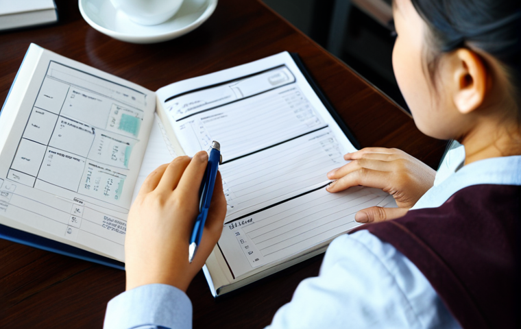 A focused young adult Vietnamese barista student, fully clothed in modest, comfortable attire, sitting at a clean desk. They are meticulously organizing study notes and a personalized study plan for an international barista certification exam. One hand gently rests on an open notebook with diagrams of coffee beans, while the other holds a pen. A single, elegant coffee cup sits nearby. The setting is a warm, inviting home study area with soft, natural light, tidy and inspiring. Professional photography, high detail, well-formed hands, proper finger count, perfect anatomy, correct proportions, natural body proportions, natural pose, professional lighting, cinematic quality, high resolution, safe for work, appropriate content, fully clothed, professional, modest.