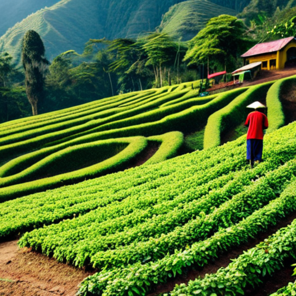 Specialty Coffee Farm**

"A lush, green coffee farm in the highlands of Vietnam (e.g., Da Lat), featuring Arabica plants laden with ripe cherries. Farmers are carefully hand-picking the cherries. In the background, traditional drying beds with coffee beans. Focus on vibrant colors and natural light. safe for work, appropriate content, fully clothed, family-friendly, perfect anatomy, correct proportions, natural pose, professional photography, high quality."

**