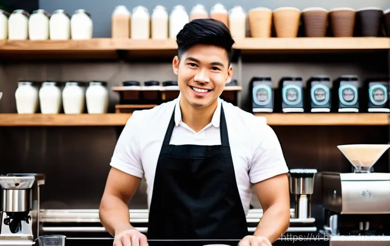 바리스타 자격증 필요성 - **Prompt:** "A highly skilled and focused professional barista, of Vietnamese descent, meticulously ...