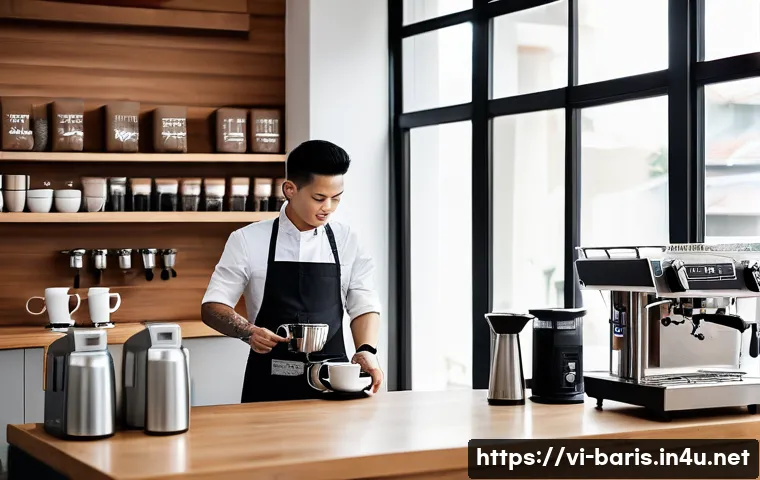 바리스타 자격증 실기 연습 장소 - A modern, spacious barista training room in Ho Chi Minh City with professional espresso machines, co...