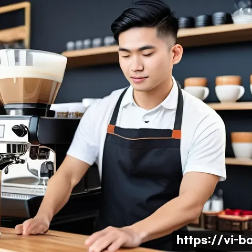 바리스타 자격증과 관련된 자격증 비교 - A modern Vietnamese barista training classroom with diverse young adults learning espresso machine o...