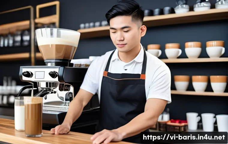 바리스타 자격증과 관련된 자격증 비교 - A modern Vietnamese barista training classroom with diverse young adults learning espresso machine o...