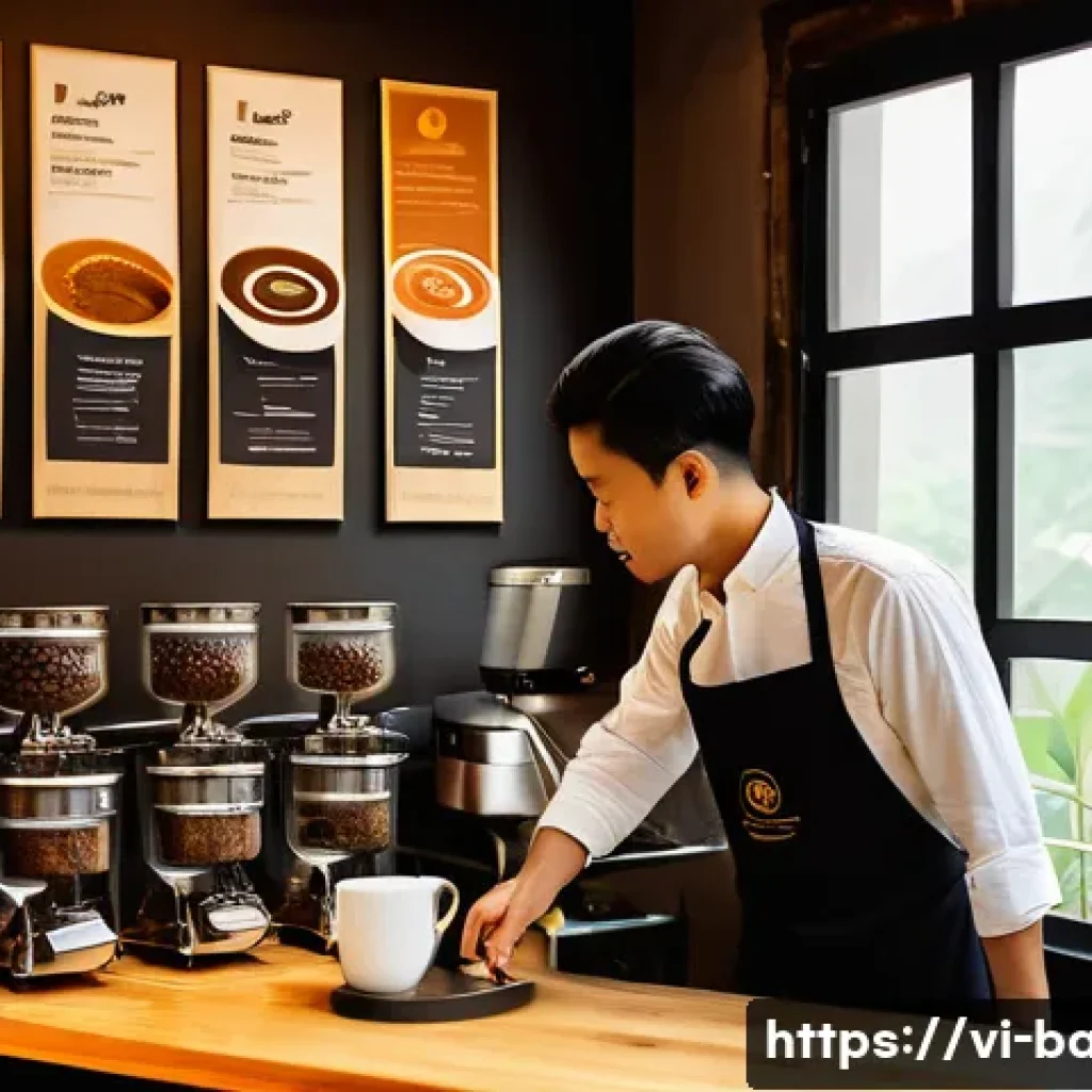 바리스타 자격증 시험 준비 팁 - A detailed scene of a Vietnamese barista training for a certification exam, surrounded by various co...