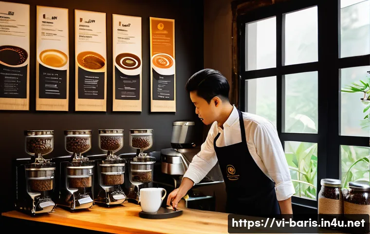 바리스타 자격증 시험 준비 팁 - A detailed scene of a Vietnamese barista training for a certification exam, surrounded by various co...