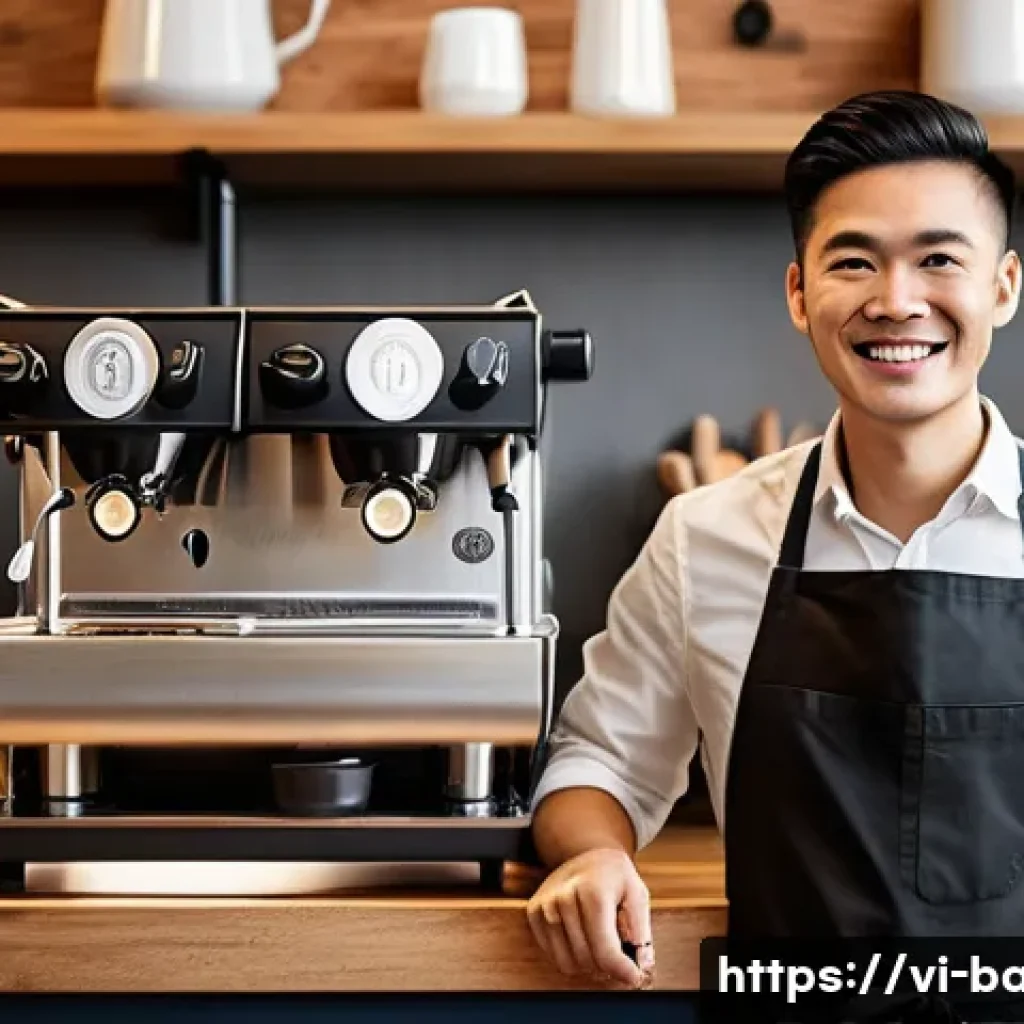 바리스타 연봉 협상 팁 - A confident Vietnamese barista standing behind a modern coffee counter in a bustling urban caf&eacute;, wea...