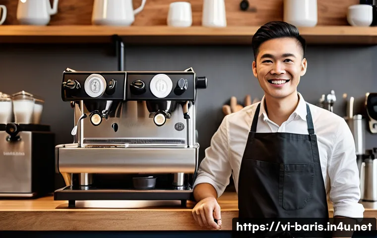 바리스타 연봉 협상 팁 - A confident Vietnamese barista standing behind a modern coffee counter in a bustling urban café, wea...