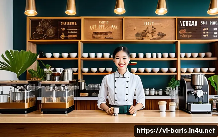 바리스타 자격증으로 해외 취업 - A modern Vietnamese coffee shop interior bustling with diverse young baristas wearing stylish unifor...