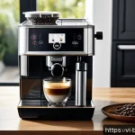 Home 22 바리스타 실습용 커피 머신 추천 - A modern Vietnamese kitchen scene showcasing a sleek Delonghi Magnifica S automatic coffee machine o...