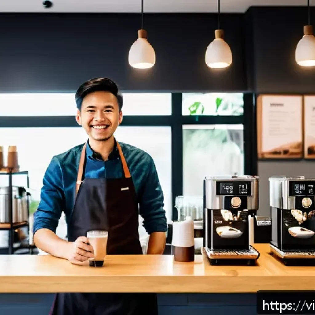바리스타 실무 경험 인터뷰 - A modern Vietnamese coffee shop barista station, featuring a neatly organized layout with espresso m...