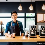 Home 21 바리스타 실무 경험 인터뷰 - A modern Vietnamese coffee shop barista station, featuring a neatly organized layout with espresso m...