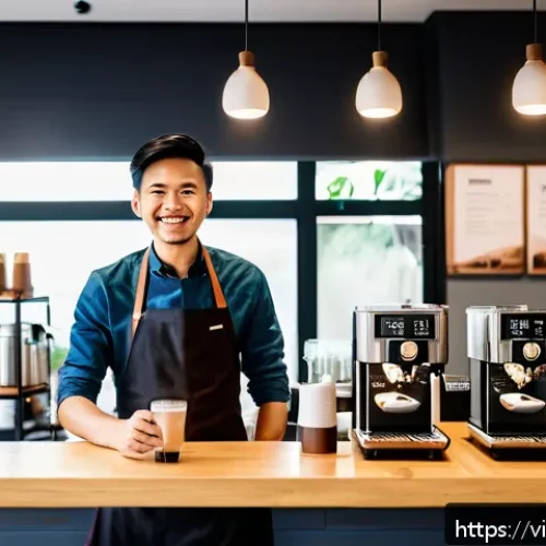 Home 33 바리스타 실무 경험 인터뷰 - A modern Vietnamese coffee shop barista station, featuring a neatly organized layout with espresso m...