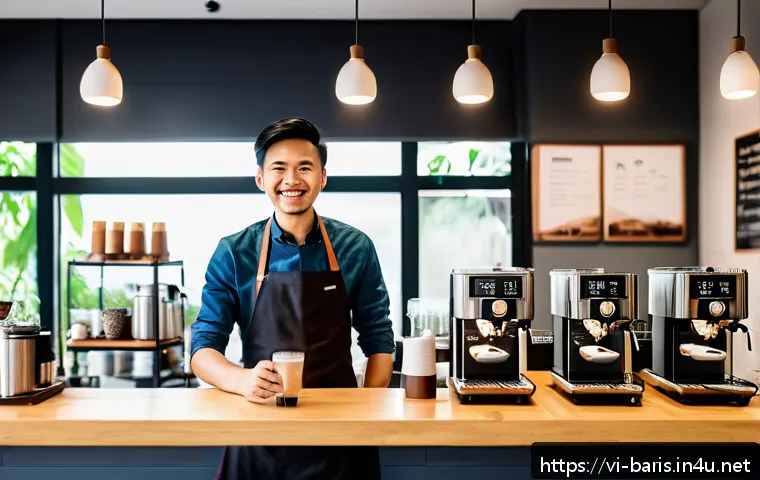 바리스타 실무 경험 인터뷰 - A modern Vietnamese coffee shop barista station, featuring a neatly organized layout with espresso m...