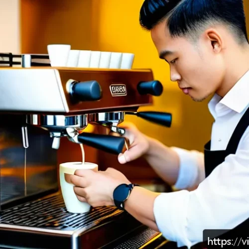 Home 32 바리스타 자격증 관련 Q A - A professional Vietnamese barista wearing a clean, stylish apron and shirt, skillfully preparing an ...