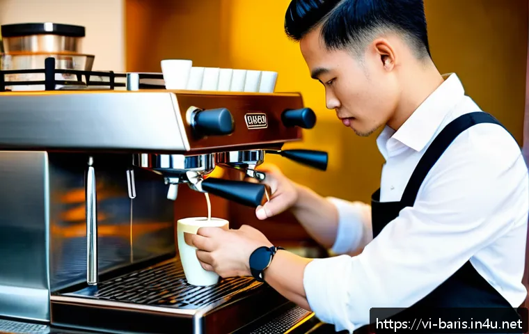 바리스타 자격증 관련 Q A - A professional Vietnamese barista wearing a clean, stylish apron and shirt, skillfully preparing an ...