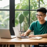 Home 19 바리스타 자격증과 건강 관리 - A cozy and modern study corner designed for a young Vietnamese barista student, featuring a wooden t...