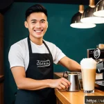 Home 18 바리스타 연봉 평균 - A young Vietnamese barista in a modern, bustling coffee shop in Ho Chi Minh City, wearing a neat uni...