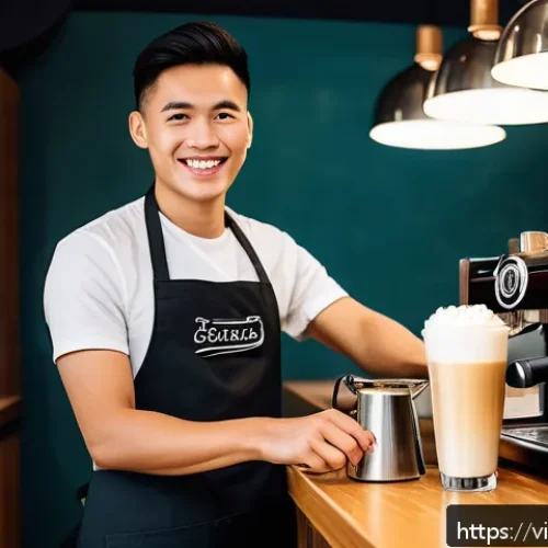 Home 30 바리스타 연봉 평균 - A young Vietnamese barista in a modern, bustling coffee shop in Ho Chi Minh City, wearing a neat uni...