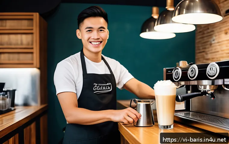 바리스타 연봉 평균 - A young Vietnamese barista in a modern, bustling coffee shop in Ho Chi Minh City, wearing a neat uni...