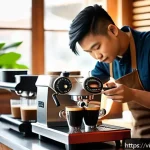 Home 23 바리스타 실습 준비 체크리스트 - A cozy Vietnamese coffee shop interior featuring a young barista carefully operating a compact espre...