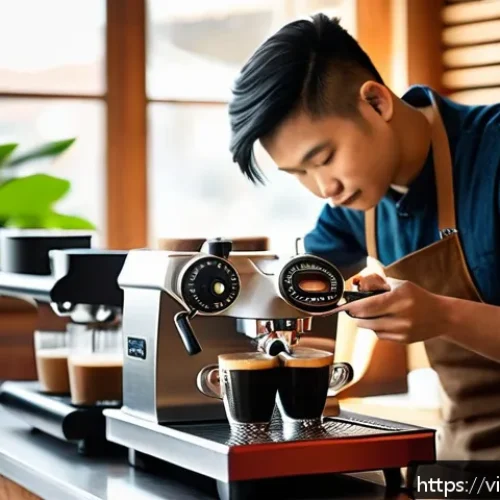 Home 17 바리스타 실습 준비 체크리스트 - A cozy Vietnamese coffee shop interior featuring a young barista carefully operating a compact espre...