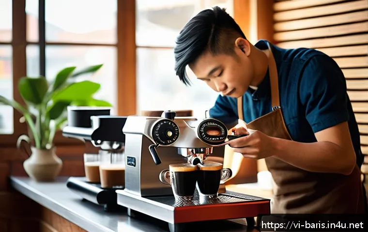 바리스타 실습 준비 체크리스트 - A cozy Vietnamese coffee shop interior featuring a young barista carefully operating a compact espre...